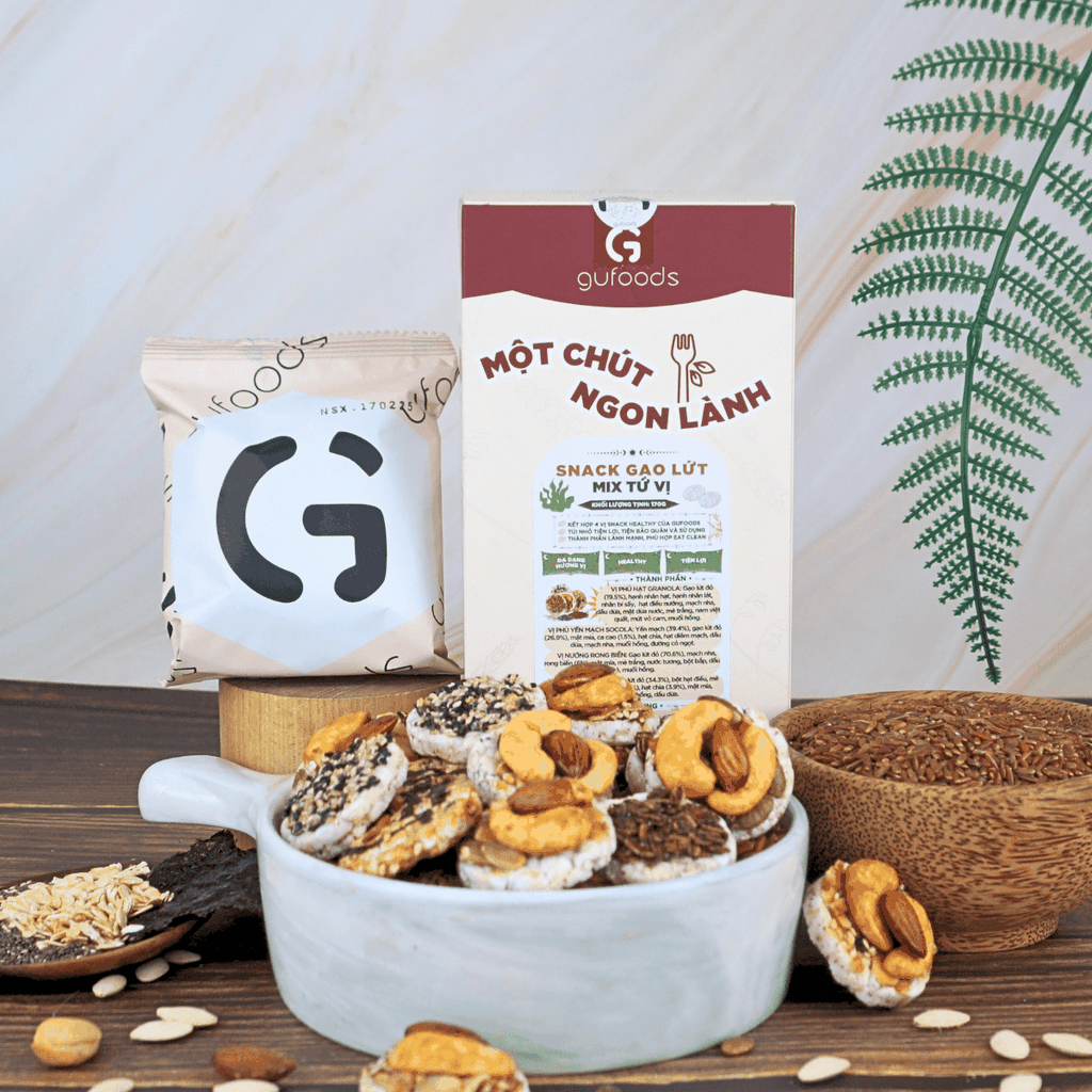 Snack gạo lứt healthy mix tứ vị GUfoods - Hội tụ 4 vị snack ngon, Nạp nhanh năng lượng, Tiện lợi, Eat clean, Thuần chay