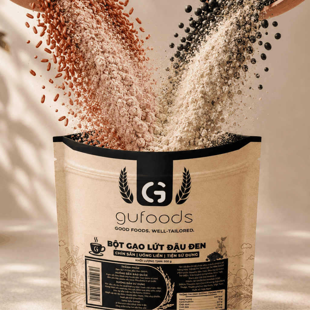 Bột gạo lứt đậu đen GUfoods - Chín sẵn, Uống liền, Dễ tiêu hoá, Healthy, Tiện lợi, Phù hợp Eat clean, Thực dưỡng, Thuần chay (túi zip 500g)