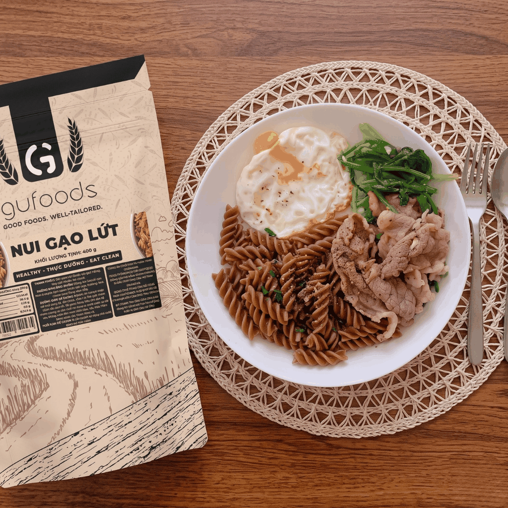 Nui gạo lứt GUfoods - Dai ngon tự nhiên, Healthy, Eat clean, Thực dưỡng, Lành mạnh, Thuần chay (túi zip 400g)