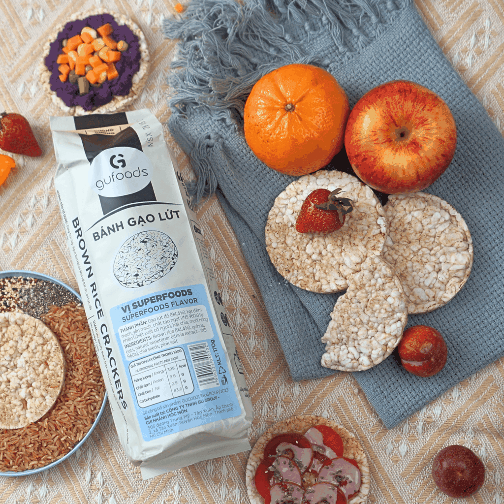 Bánh gạo lứt GUfoods vị Superfoods - Không chiên dầu, Không đường, Từ gạo và ngũ cốc nguyên hạt, Lành mạnh, Phù hợp Eat clean, Ăn vặt healthy, Thực dưỡng, Tập gym, Thuần chay