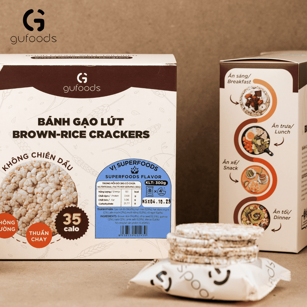 Bánh gạo lứt ăn kiêng GUfoods 510g mix 3 vị (Yến mạch + Nguyên bản + Huyền mễ) - Không chiên dầu, Phù hợp Eat clean, Ăn vặt healthy, Thực dưỡng, Tập Gym