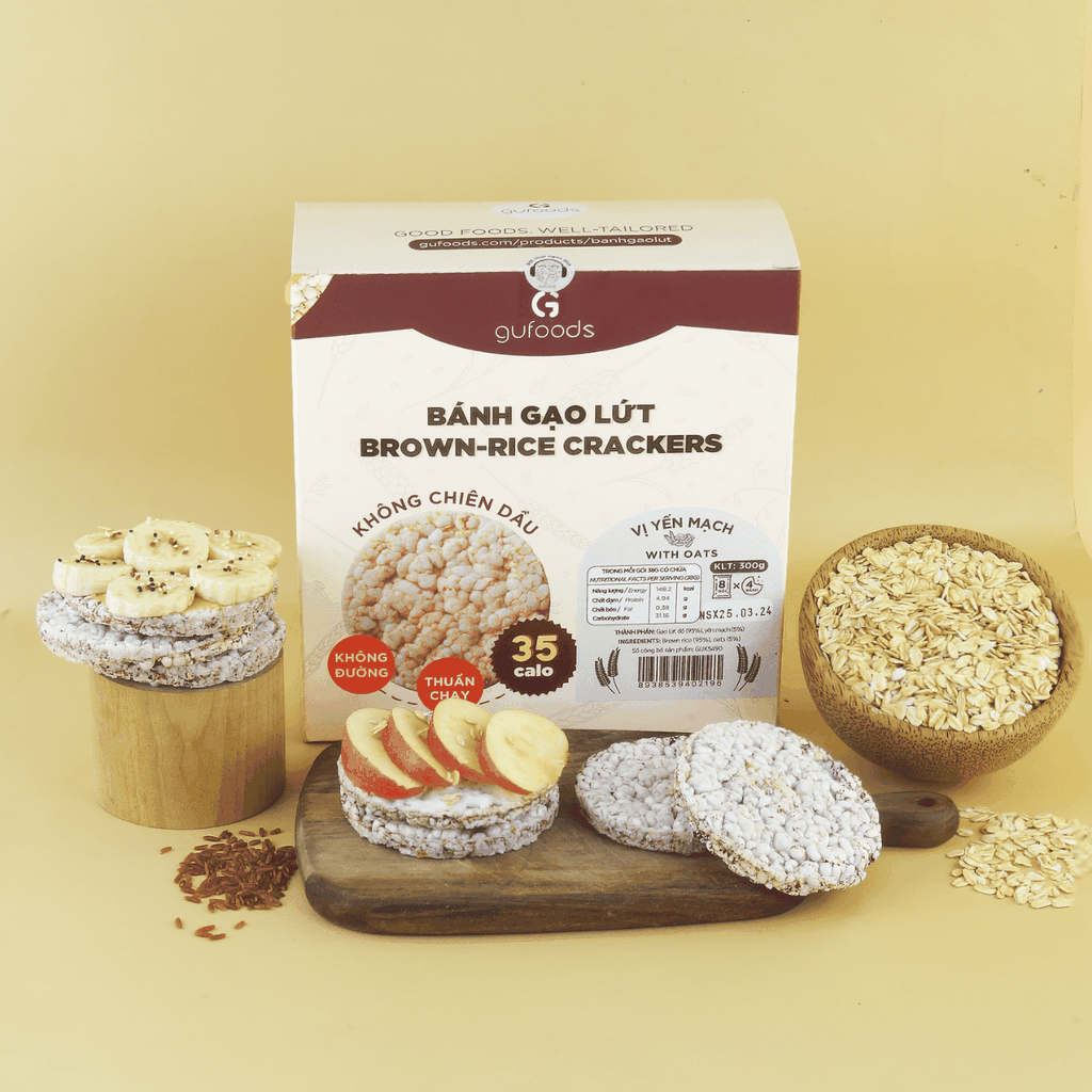 Bánh gạo lứt GUfoods vị Yến mạch - Không chiên dầu, Không đường, Lành mạnh, Phù hợp Eat clean, Ăn vặt healthy, Thực dưỡng, Tập gym, Thuần chay