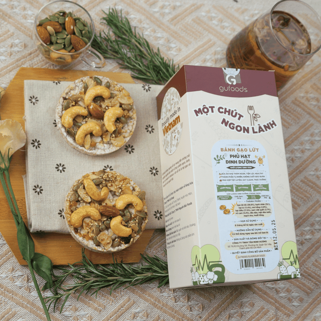 Bánh gạo lứt phủ granola siêu hạt GUfoods (Hộp 170g) - Bữa ăn nhẹ tiện lợi, Giàu dinh dưỡng, Ăn vặt healthy, Nạp nhanh năng lượng, Ăn kiêng, Eat clean, Thuần chay