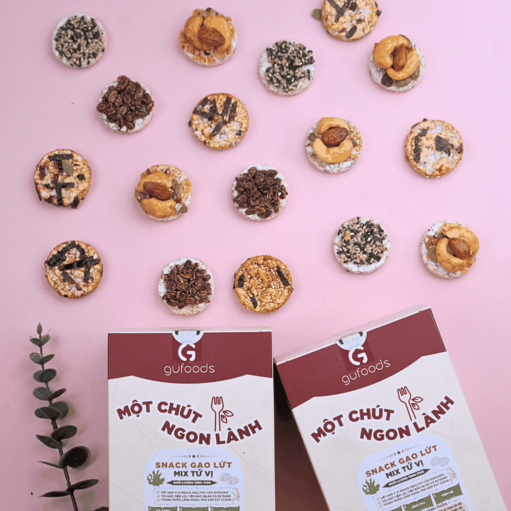 Snack gạo lứt healthy mix tứ vị GUfoods - Hội tụ 4 vị snack ngon, Nạp nhanh năng lượng, Tiện lợi, Eat clean, Thuần chay