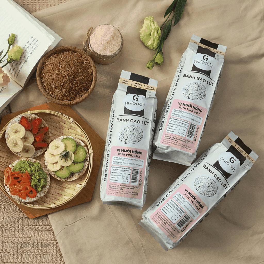 Bánh gạo lứt GUfoods vị Muối hồng -  Không chiên dầu, Không đường, Lành mạnh, Phù hợp Eat clean, Ăn vặt healthy, Thực dưỡng, Tập gym, Thuần chay