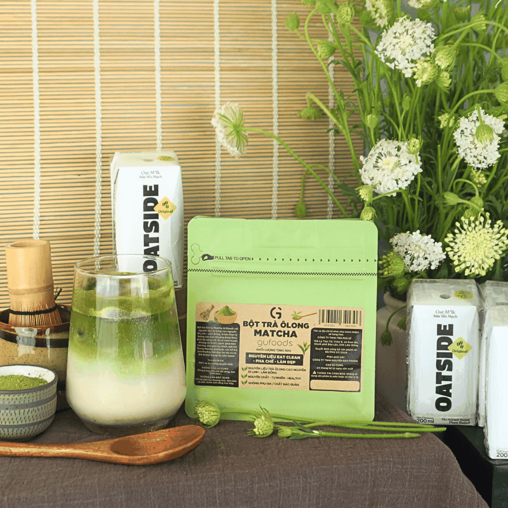 Combo pha chế Matcha latte từ OATSIDE - Pha được 9 ly thành phẩm - Gồm 9 Hộp OATSIDE 200ml + Gói 50g Bột Matcha trà Ôlong GUfoods