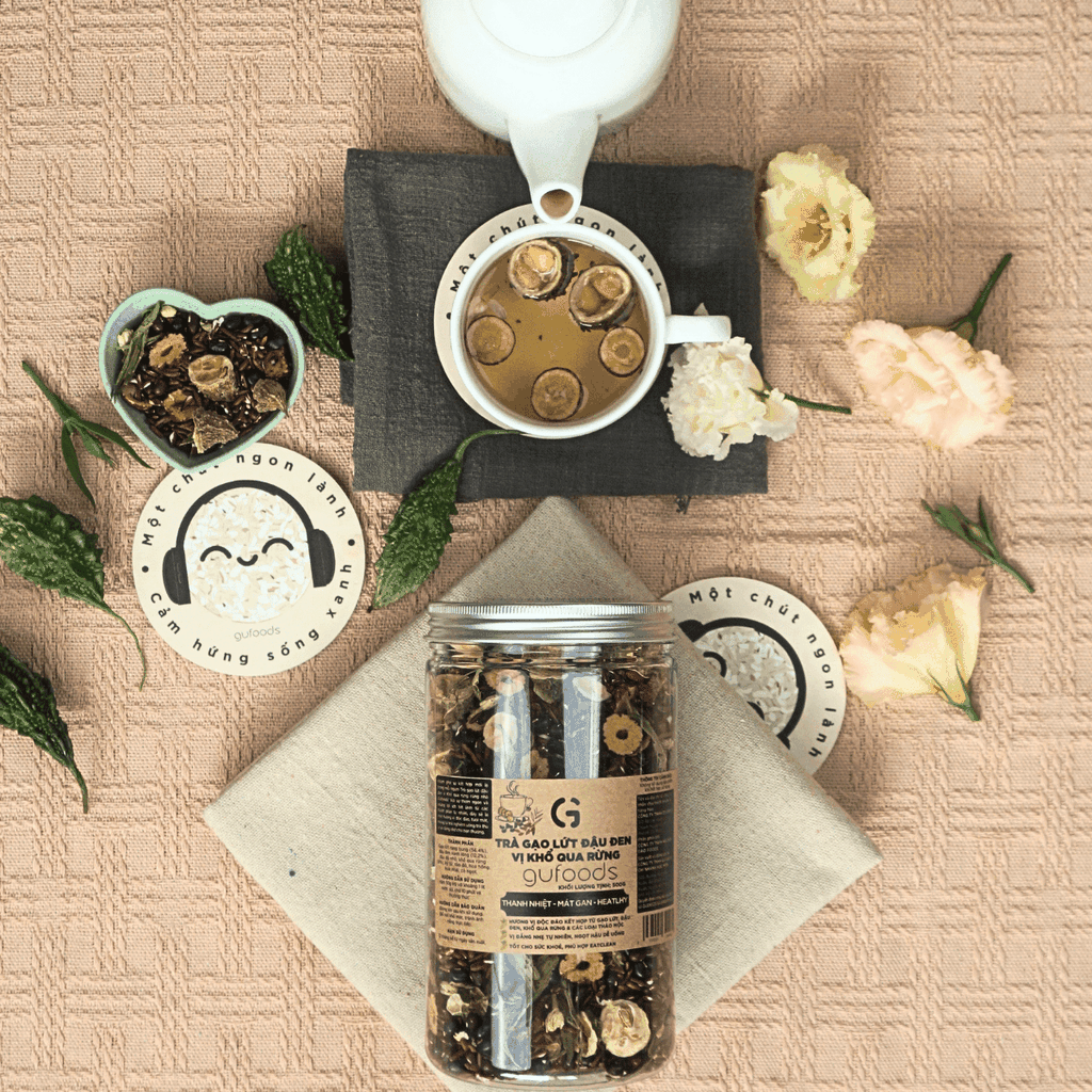 Trà gạo lứt đậu đen GUfoods vị Khổ qua rừng (Mướp đắng rừng) (hũ 500g) - Hương vị độc đáo, Giải nhiệt hiệu quả, Healthy, Eat clean