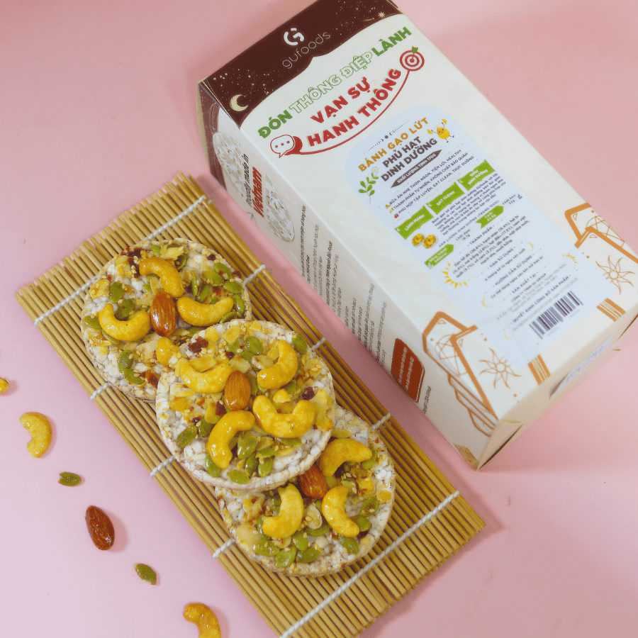Bánh gạo lứt phủ granola siêu hạt GUfoods (Hộp 170g) - Bữa ăn nhẹ tiện lợi, Giàu dinh dưỡng, Ăn vặt healthy, Nạp nhanh năng lượng, Ăn kiêng, Eat clean, Thuần chay