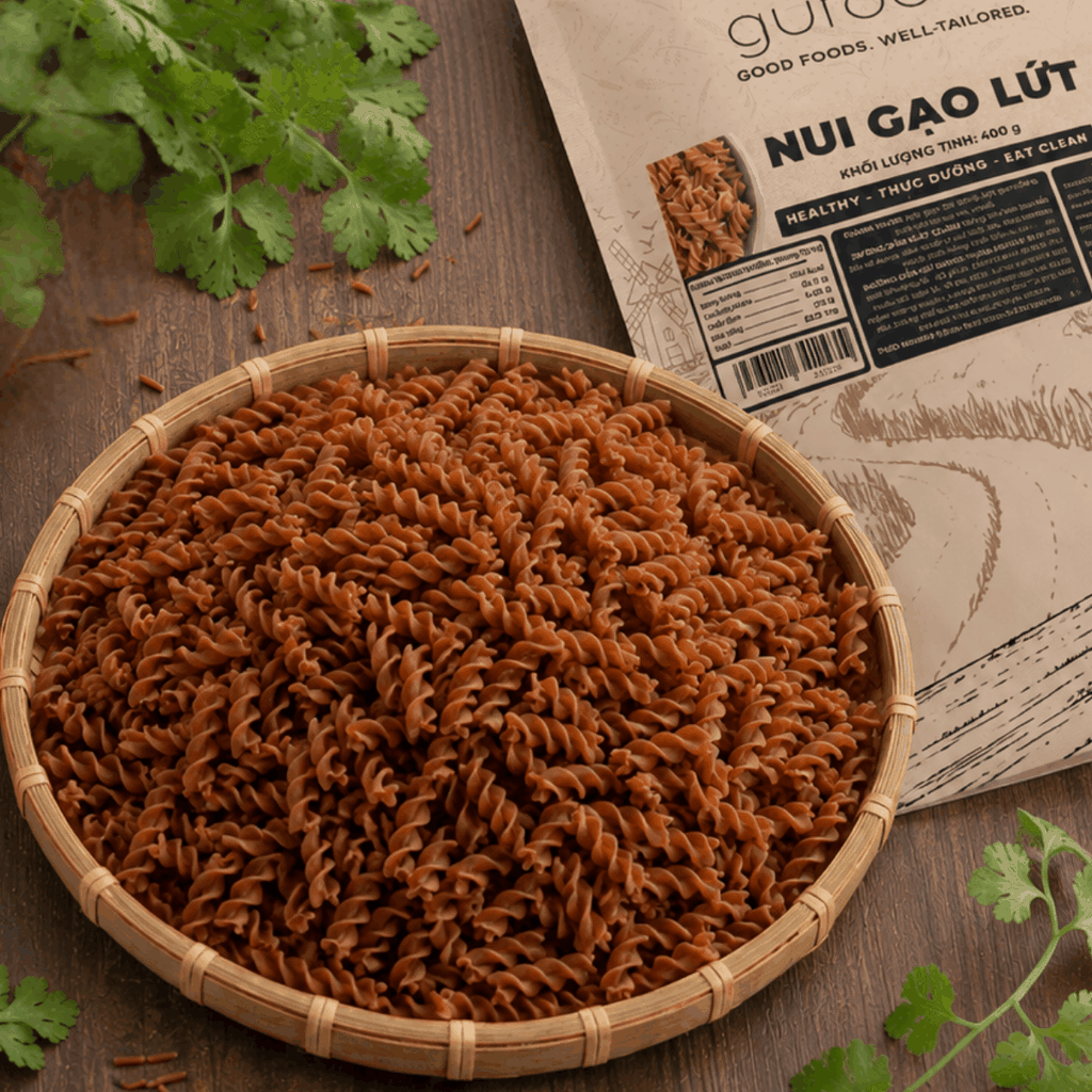 Nui gạo lứt GUfoods - Dai ngon tự nhiên, Healthy, Eat clean, Thực dưỡng, Lành mạnh, Thuần chay (túi zip 400g)
