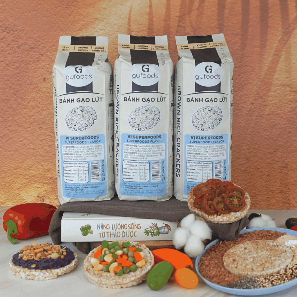 Bánh gạo lứt GUfoods vị Superfoods - Không chiên dầu, Không đường, Từ gạo và ngũ cốc nguyên hạt, Lành mạnh, Phù hợp Eat clean, Ăn vặt healthy, Thực dưỡng, Tập gym, Thuần chay