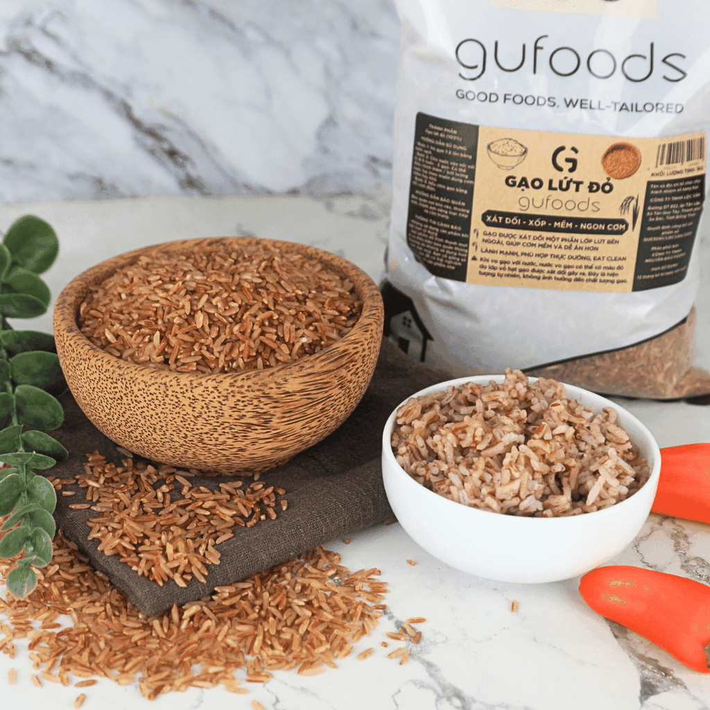 Gạo lứt đỏ GUfoods (túi 1kg) - Xát dối, Mềm xốp ngon cơm, Healthy, Thực dưỡng, Eat clean