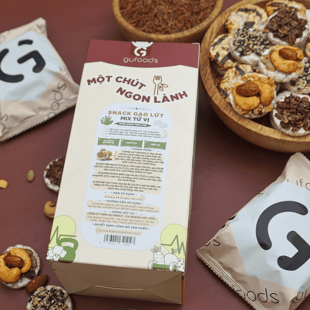 Snack gạo lứt healthy mix tứ vị GUfoods - Hội tụ 4 vị snack ngon, Nạp nhanh năng lượng, Tiện lợi, Eat clean, Thuần chay