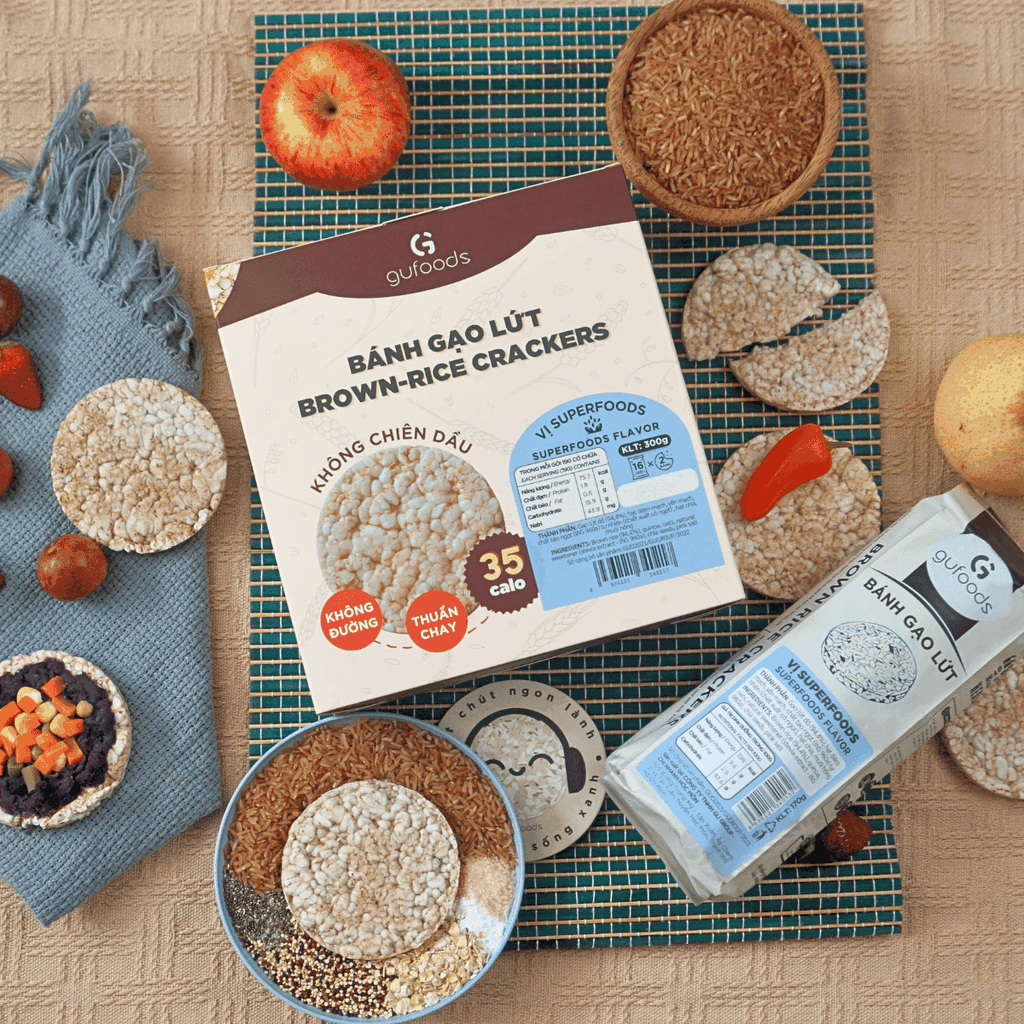Bánh gạo lứt GUfoods vị Superfoods - Không chiên dầu, Không đường, Từ gạo và ngũ cốc nguyên hạt, Lành mạnh, Phù hợp Eat clean, Ăn vặt healthy, Thực dưỡng, Tập gym, Thuần chay