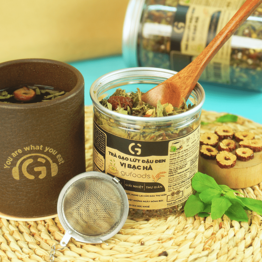 Trà gạo lứt đậu đen Vị bạc hà GUfoods - Vị ngọt dịu the mát, Giải nhiệt cơ thể, Thư giãn tinh thần, Cải thiện giấc ngủ