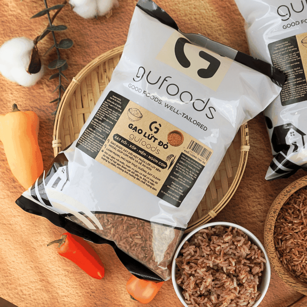 Gạo lứt đỏ GUfoods (túi 1kg) - Xát dối, Mềm xốp ngon cơm, Healthy, Thực dưỡng, Eat clean