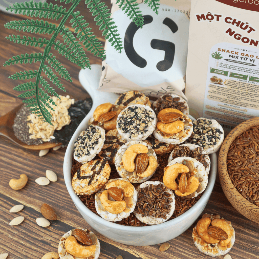 Snack gạo lứt healthy mix tứ vị GUfoods - Hội tụ 4 vị snack ngon, Nạp nhanh năng lượng, Tiện lợi, Eat clean, Thuần chay