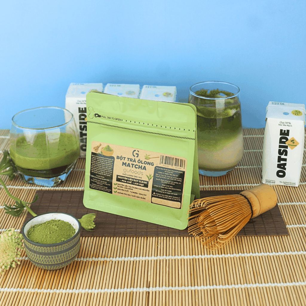 Combo pha chế Matcha latte từ OATSIDE - Pha được 9 ly thành phẩm - Gồm 9 Hộp OATSIDE 200ml + Gói 50g Bột Matcha trà Ôlong GUfoods