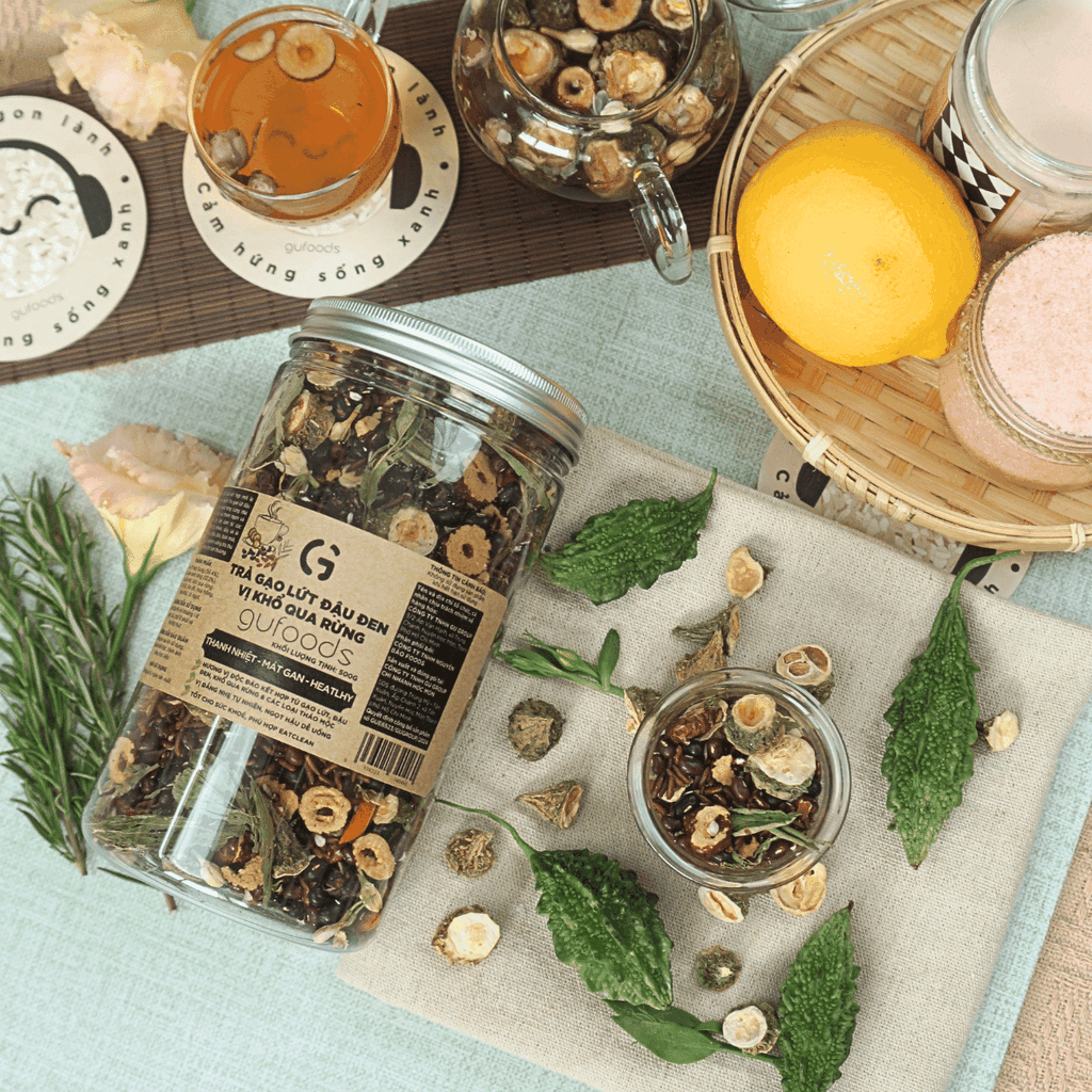 Trà gạo lứt đậu đen GUfoods vị Khổ qua rừng (Mướp đắng rừng) (hũ 500g) - Hương vị độc đáo, Giải nhiệt hiệu quả, Healthy, Eat clean