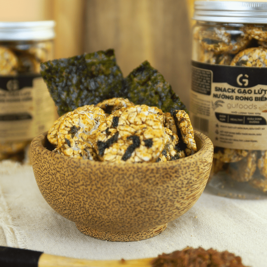 Snack gạo lứt nướng rong biển GUfoods (Hũ 100g) - Giòn rụm, Healthy, Giàu dinh dưỡng, Thuần chay, Eat Clean, Ăn vặt lành mạnh