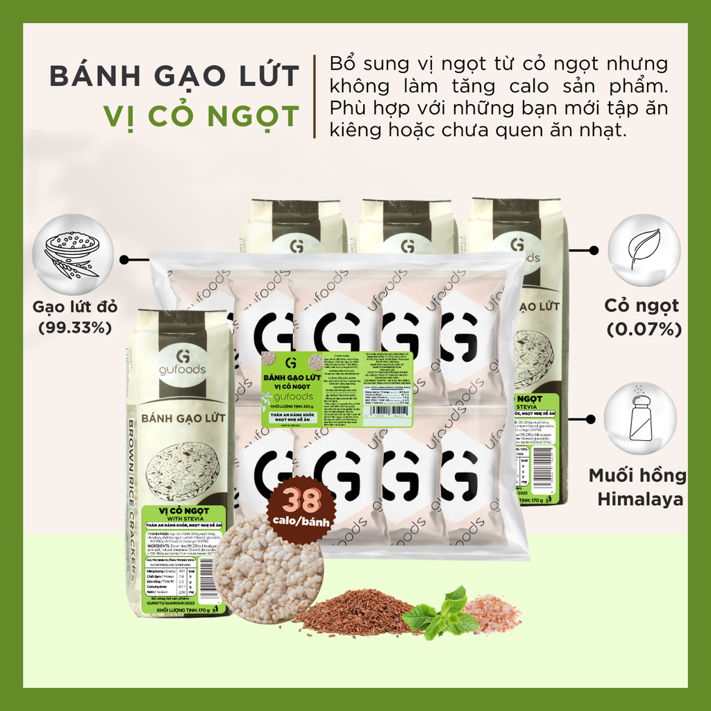 Bánh gạo lứt GUfoods vị Cỏ ngọt - Không chiên dầu, Không đường, Lành mạnh, Phù hợp Eat clean, Ăn vặt healthy, Thực dưỡng, Tập gym, Thuần chay