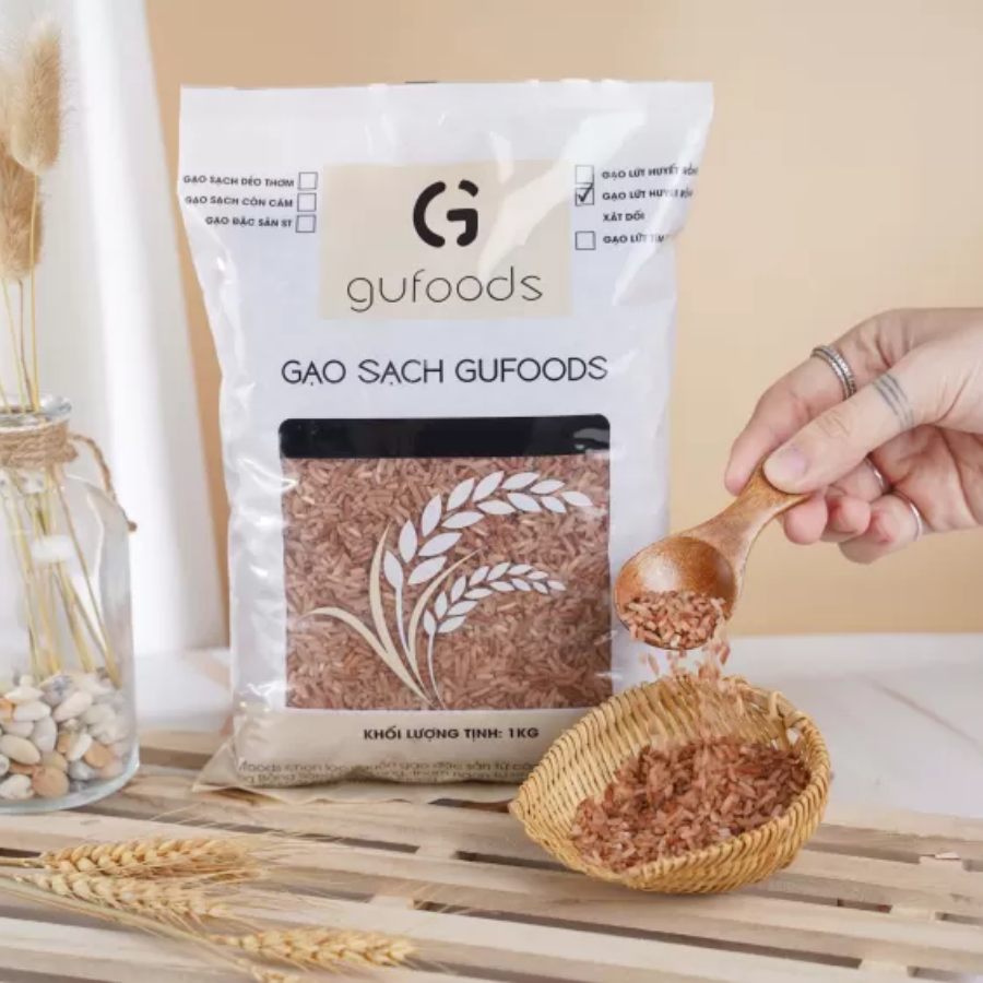 Gạo lứt đỏ xát dối ăn kiêng GUfoods (Túi 1kg) - Giảm cân, Thực dưỡng, Eat clean