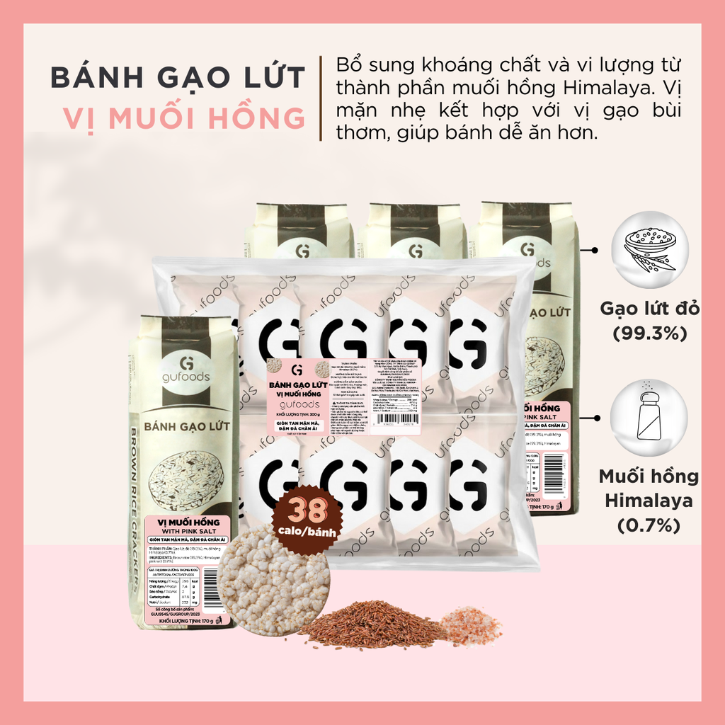 Bánh gạo lứt GUfoods vị Muối hồng -  Không chiên dầu, Không đường, Lành mạnh, Phù hợp Eat clean, Ăn vặt healthy, Thực dưỡng, Tập gym, Thuần chay