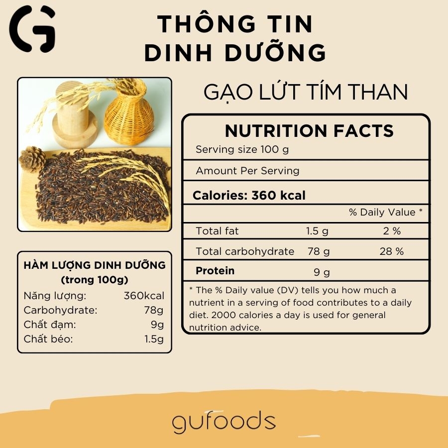 Gạo lứt tím than ăn kiêng GUfoods (Túi 1kg) - Giảm cân, Thực dưỡng, Eat clean