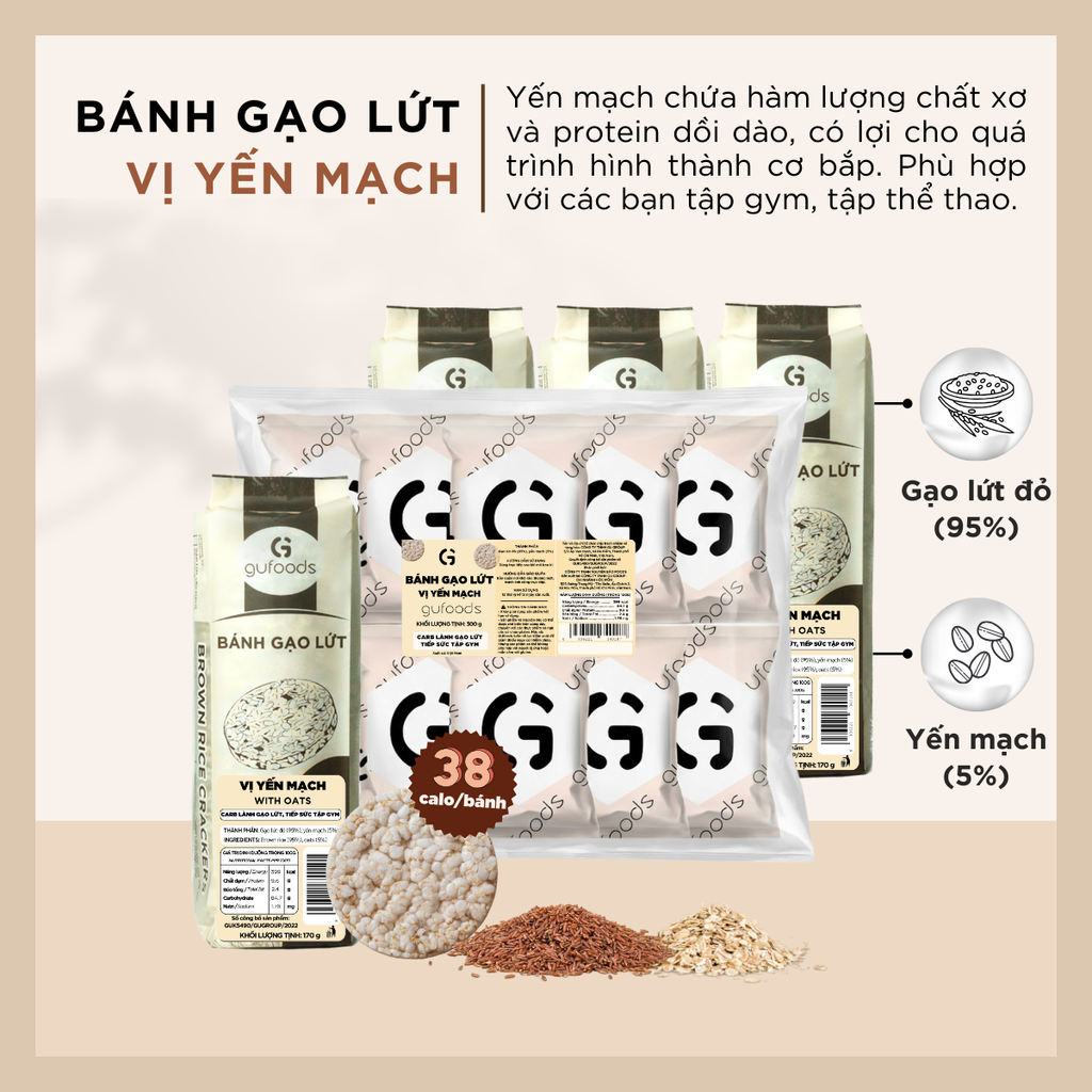 Bánh gạo lứt GUfoods vị Yến mạch - Không chiên dầu, Không đường, Lành mạnh, Phù hợp Eat clean, Ăn vặt healthy, Thực dưỡng, Tập gym, Thuần chay
