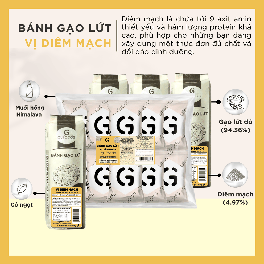 Bánh gạo lứt GUfoods vị Diêm mạch - Không chiên dầu, Không đường, Lành mạnh, Phù hợp Eat clean, Ăn vặt healthy, Thực dưỡng, Tập gym, Thuần chay