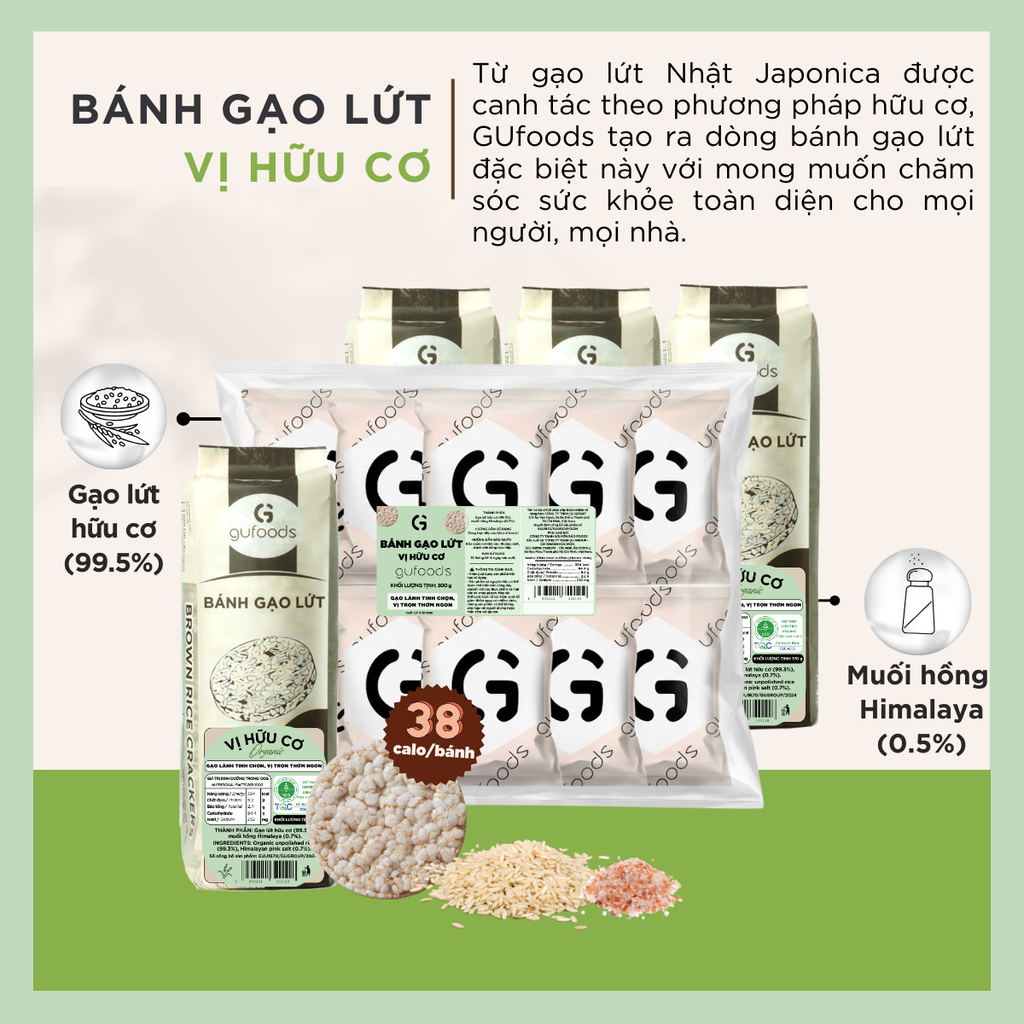 Bánh gạo lứt Hữu cơ GUfoods - Thành phần gạo lứt organic, Không đường, Không chiên dầu, Lành mạnh, Phù hợp Eat clean, Ăn vặt healthy, Thực dưỡng, Tập gym, Thuần chay