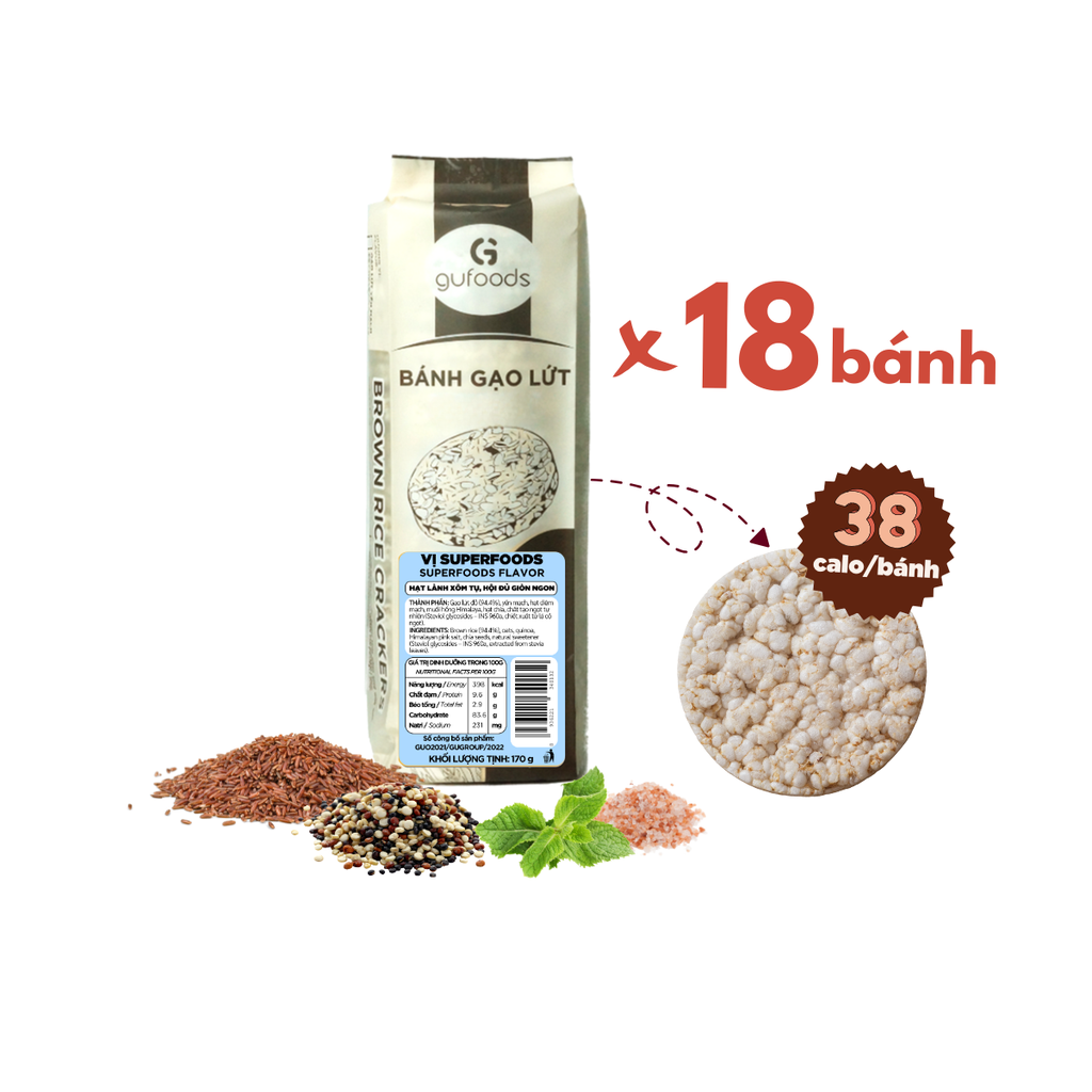 Bánh gạo lứt GUfoods vị Superfoods - Không chiên dầu, Không đường, Từ gạo và ngũ cốc nguyên hạt, Lành mạnh, Phù hợp Eat clean, Ăn vặt healthy, Thực dưỡng, Tập gym, Thuần chay