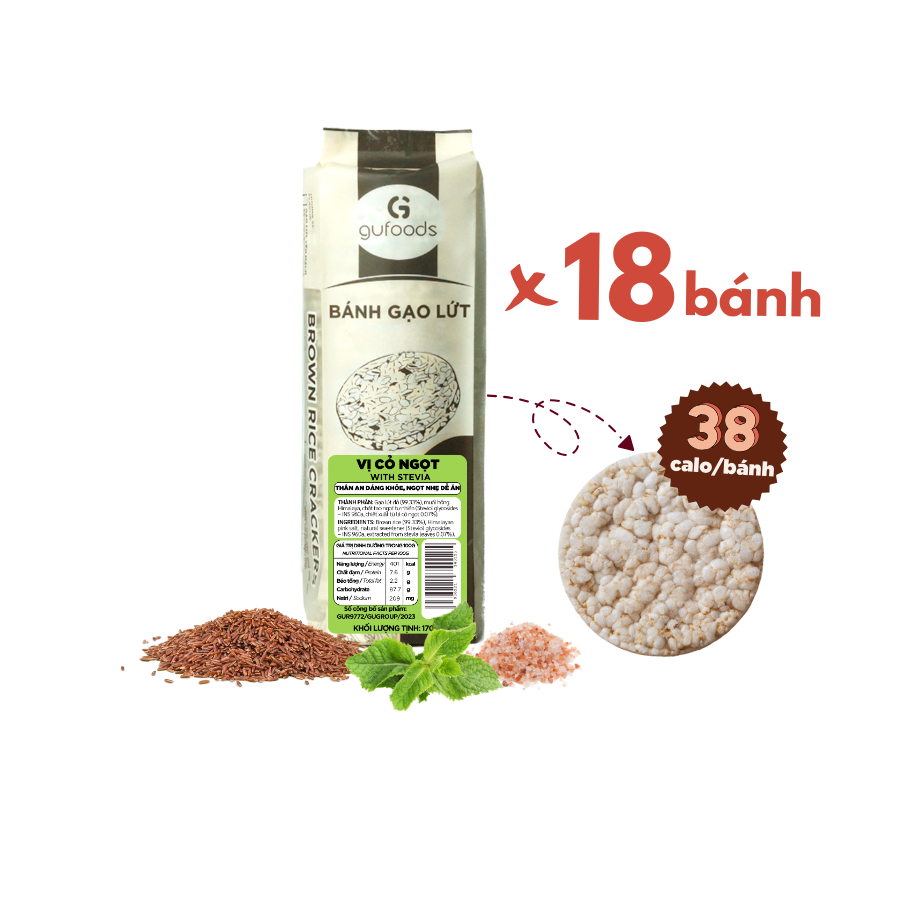 Bánh gạo lứt GUfoods vị Cỏ ngọt - Không chiên dầu, Không đường, Lành mạnh, Phù hợp Eat clean, Ăn vặt healthy, Thực dưỡng, Tập gym, Thuần chay