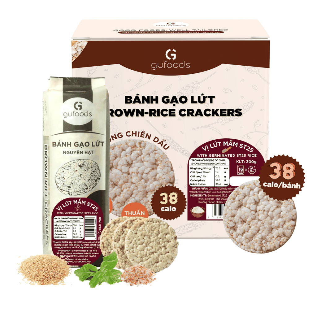 Bánh gạo lứt mầm ST25 GUfoods - Giàu chất xơ và GABA tự nhiên, Không chiên dầu, Không đường, Lành mạnh, Phù hợp Eat clean, Ăn vặt healthy, Thực dưỡng, Tập Gym, Thuần chay