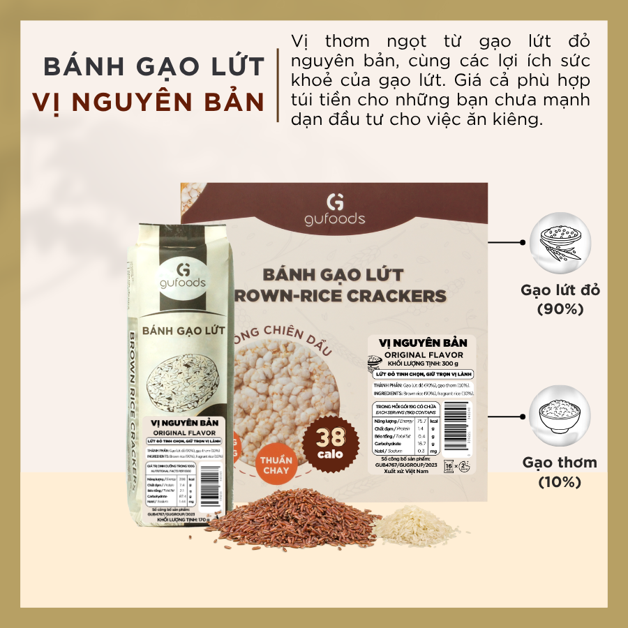 Bánh gạo lứt GUfoods vị Nguyên bản - Không chiên dầu, Không đường, Lành mạnh, Phù hợp Eat clean, Ăn vặt healthy, Thực dưỡng, Tập gym, Thuần chay