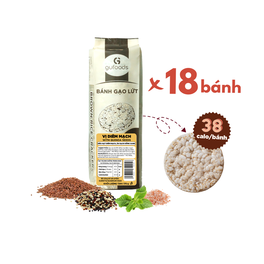 Bánh gạo lứt GUfoods vị Diêm mạch - Không chiên dầu, Không đường, Lành mạnh, Phù hợp Eat clean, Ăn vặt healthy, Thực dưỡng, Tập gym, Thuần chay