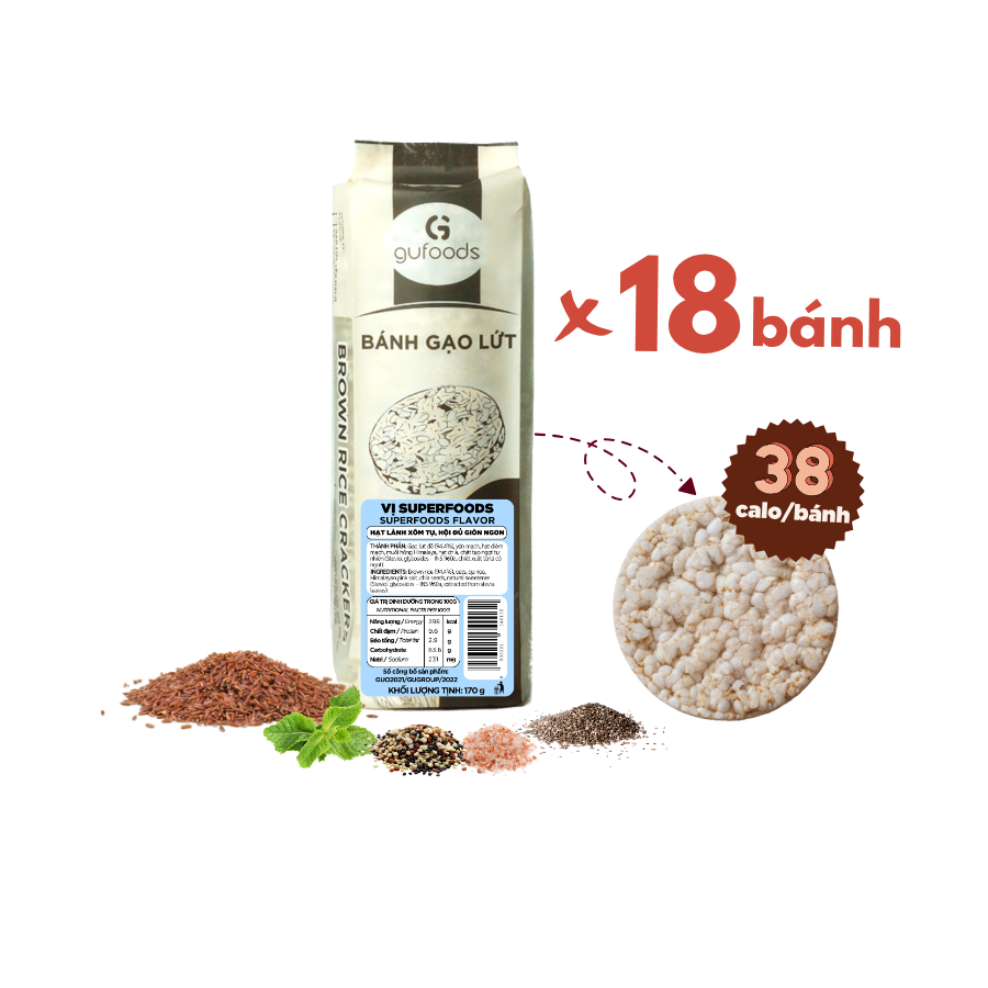 Bánh gạo lứt GUfoods vị Superfoods - Không chiên dầu, Không đường, Từ gạo và ngũ cốc nguyên hạt, Lành mạnh, Phù hợp Eat clean, Ăn vặt healthy, Thực dưỡng, Tập gym, Thuần chay