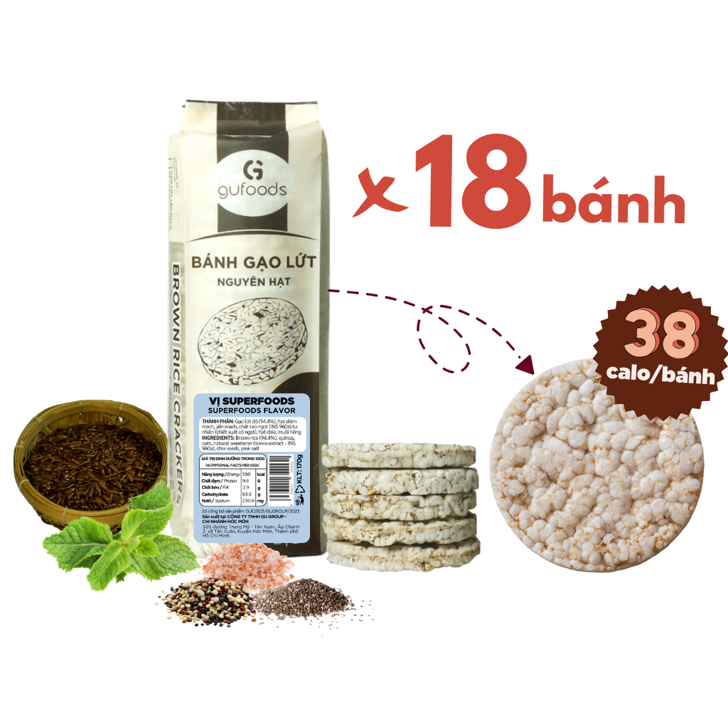 Bánh gạo lứt GUfoods vị Superfoods - Không chiên dầu, Không đường, Từ gạo và ngũ cốc nguyên hạt, Lành mạnh, Phù hợp Eat clean, Ăn vặt healthy, Thực dưỡng, Tập gym, Thuần chay