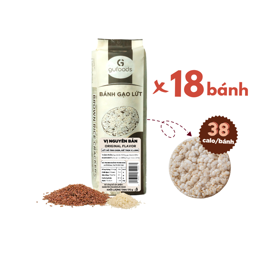 Bánh gạo lứt GUfoods vị Nguyên bản - Không chiên dầu, Không đường, Lành mạnh, Phù hợp Eat clean, Ăn vặt healthy, Thực dưỡng, Tập gym, Thuần chay