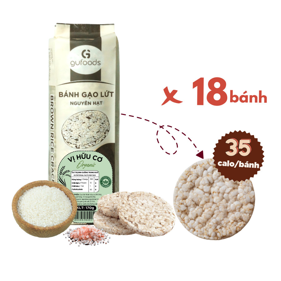 Bánh gạo lứt ăn kiêng hữu cơ GUfoods - Làm từ gạo lứt Nhật Japonica organic, Không đường, Không chiên dầu, Healthy, Eat clean, Thuần chay