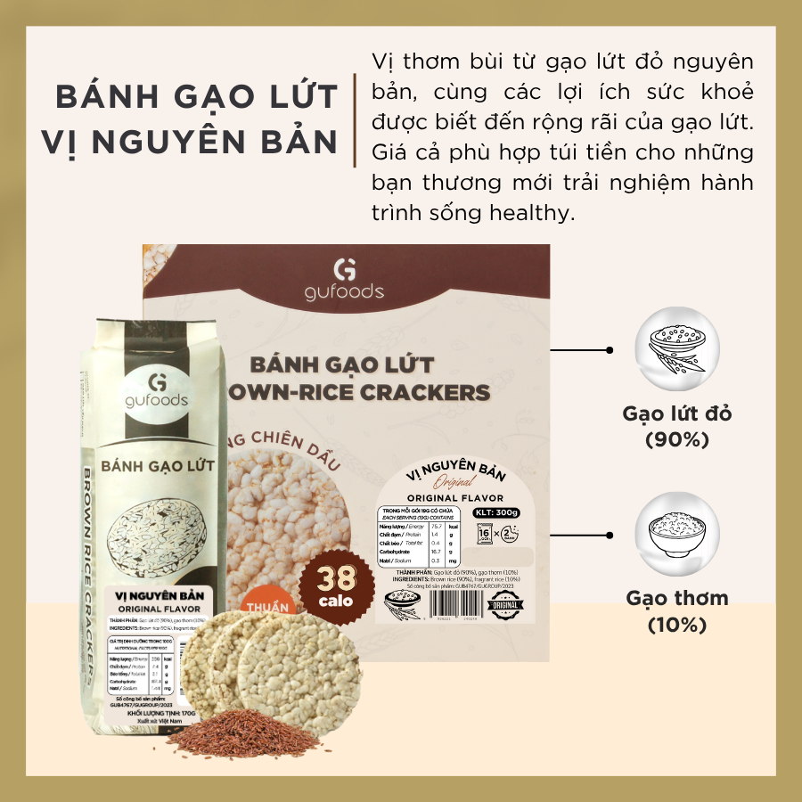 Bánh gạo lứt GUfoods vị Nguyên bản - Không chiên dầu, Không đường, Lành mạnh, Phù hợp Eat clean, Ăn vặt healthy, Thực dưỡng, Tập gym, Thuần chay