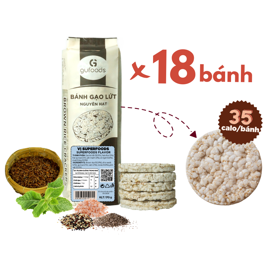 Bánh gạo lứt superfoods GUfoods - Mix siêu hạt chia + quinoa + yến mạch  - Ăn kiêng, Tập gym, Thực dưỡng