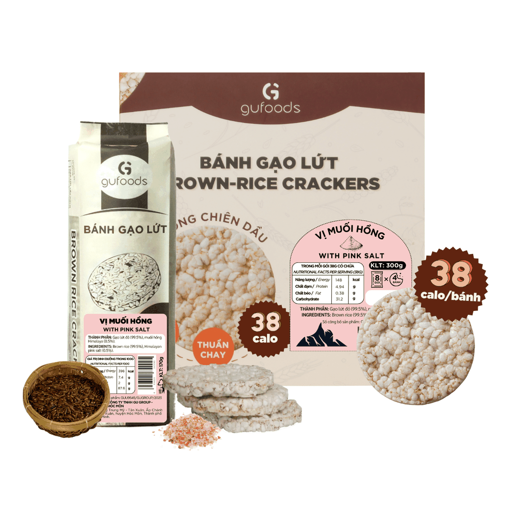 Bánh gạo lứt GUfoods vị Muối hồng -  Không chiên dầu, Không đường, Lành mạnh, Phù hợp Eat clean, Ăn vặt healthy, Thực dưỡng, Tập gym, Thuần chay