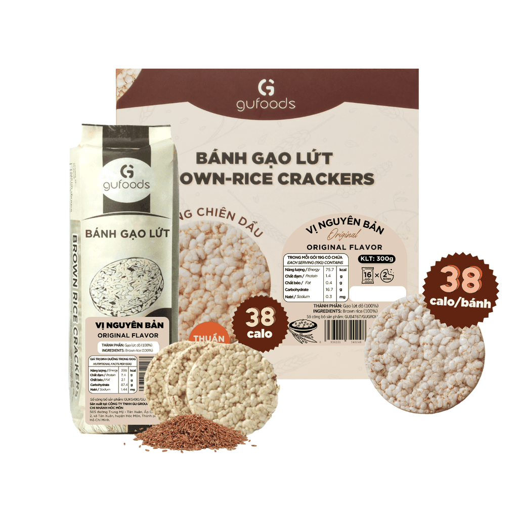 Bánh gạo lứt GUfoods vị Nguyên bản - Không chiên dầu, Không đường, Lành mạnh, Phù hợp Eat clean, Ăn vặt healthy, Thực dưỡng, Tập gym, Thuần chay