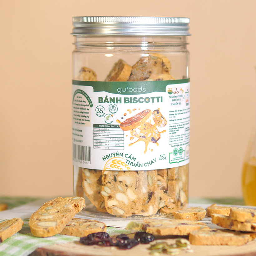 Bánh Biscotti nguyên cám thuần chay GUfoods (Hũ 300g) - Lành mạnh, Thơm ngon, Phù hợp Ăn kiêng, Eat clean