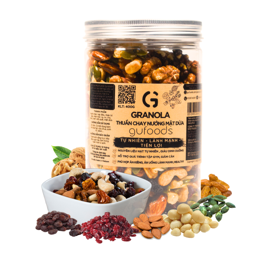 Granola thuần chay nướng mật dừa nước GUfoods (hũ 400g) (0% yến mạch; Mix siêu hạt mắc ca, óc chó, nam việt quất, hạnh nhân, hạt điều, nho khô) - Dinh dưỡng, Tiện lợi, Thơm ngon, Giàu lợi ích sức khỏe