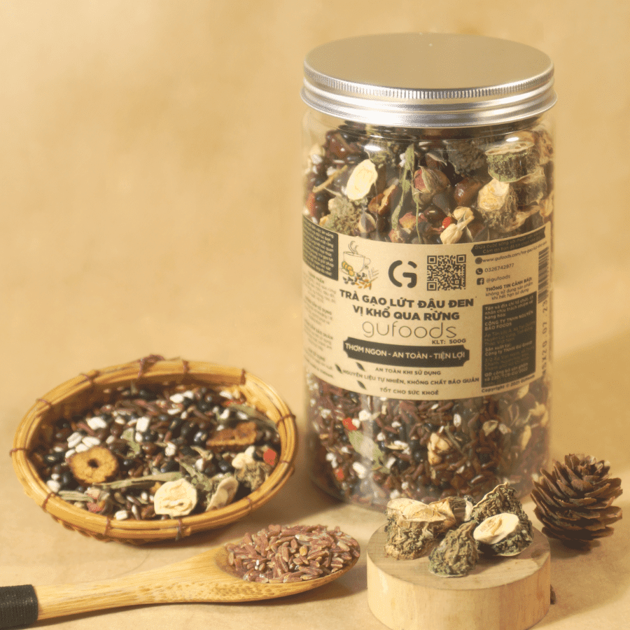 Trà gạo lứt đậu đen GUfoods vị Khổ qua rừng (Mướp đắng rừng) (hũ 500g) - Hương vị độc đáo, Giải nhiệt hiệu quả, Healthy, Eat clean