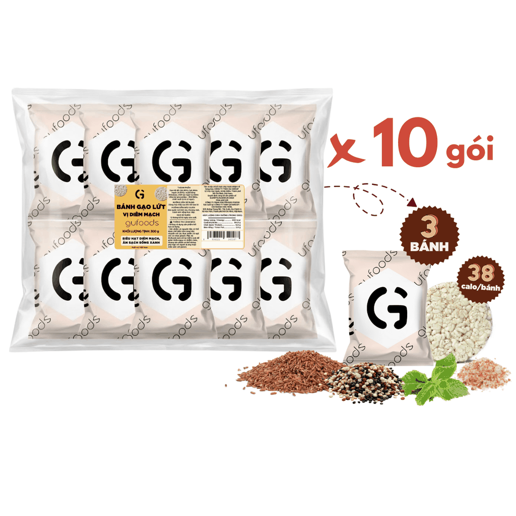 Bánh gạo lứt GUfoods vị Diêm mạch - Không chiên dầu, Không đường, Lành mạnh, Phù hợp Eat clean, Ăn vặt healthy, Thực dưỡng, Tập gym, Thuần chay