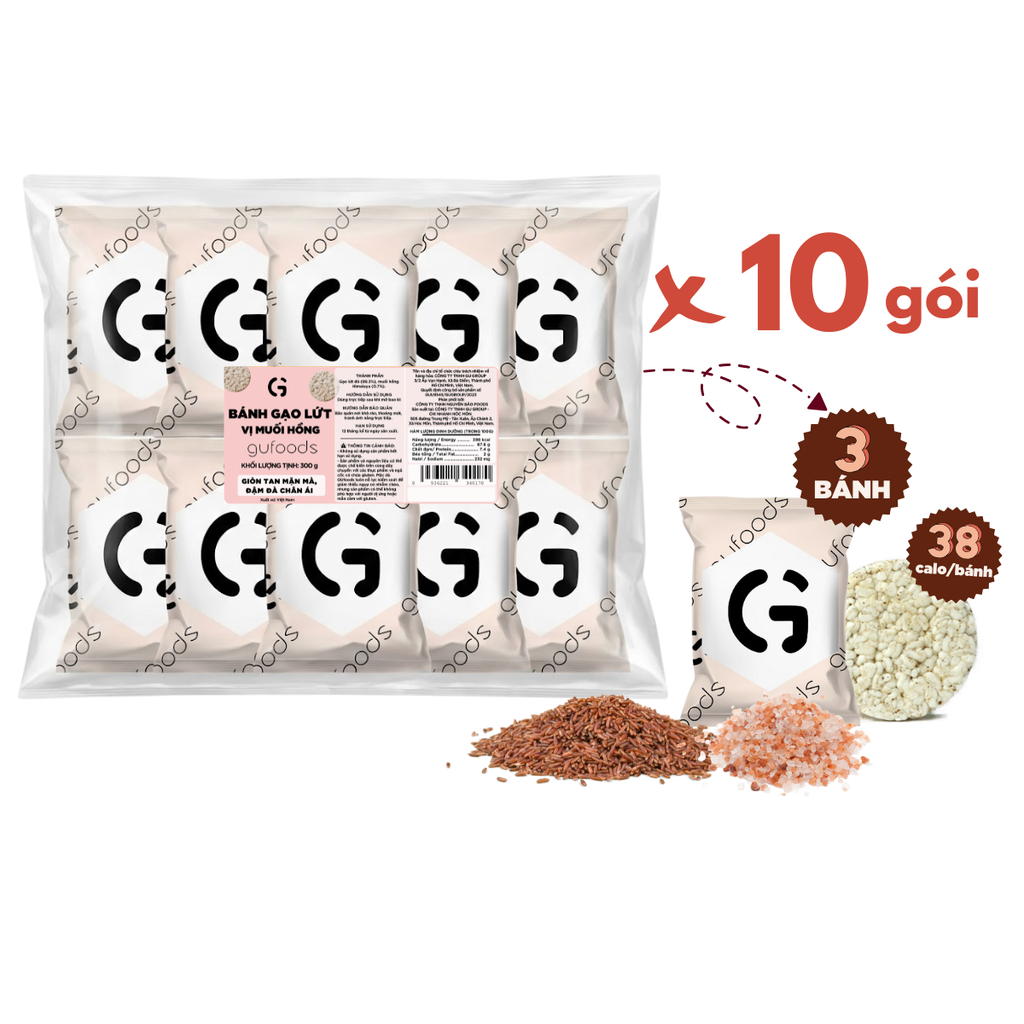 Bánh gạo lứt GUfoods vị Muối hồng -  Không chiên dầu, Không đường, Lành mạnh, Phù hợp Eat clean, Ăn vặt healthy, Thực dưỡng, Tập gym, Thuần chay