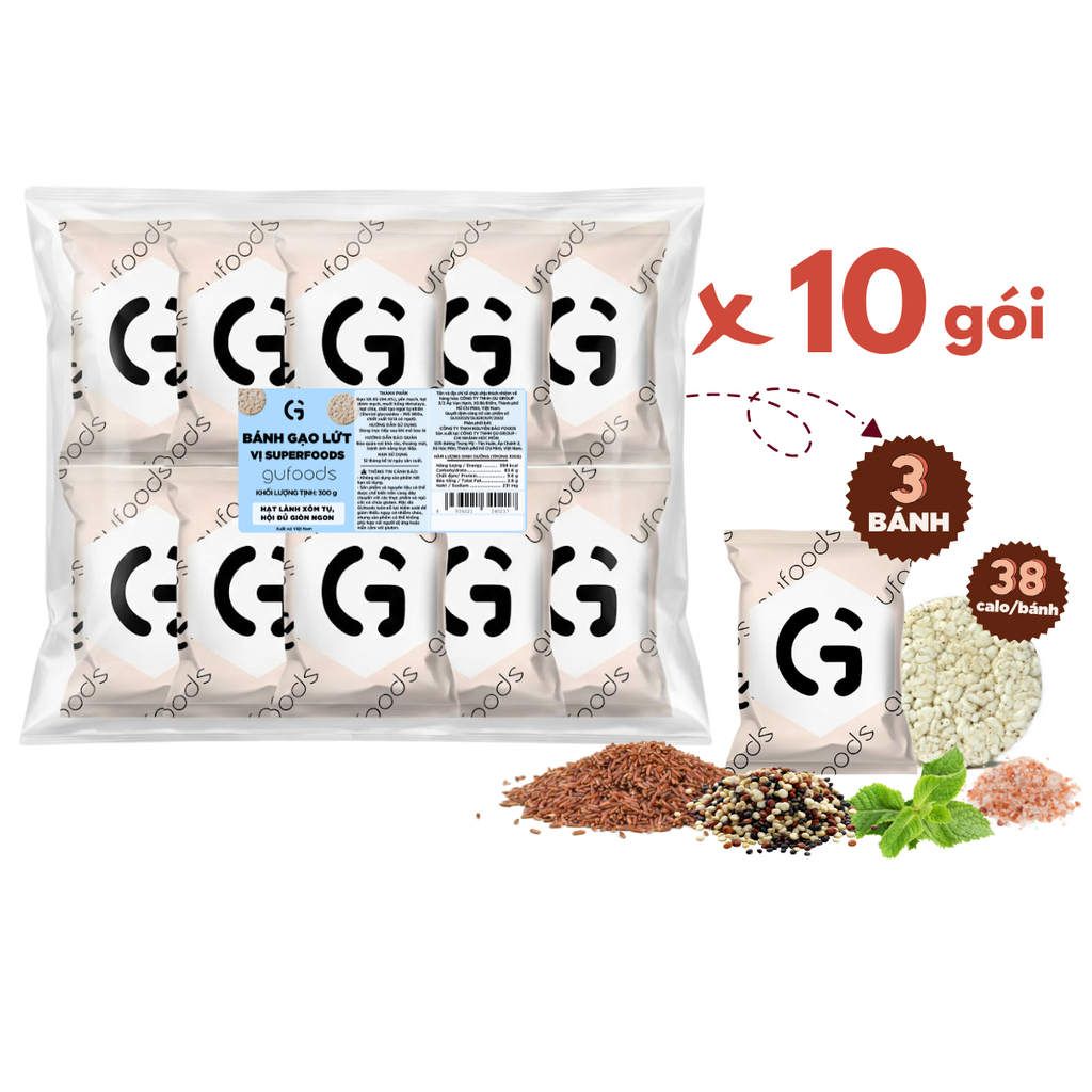 Bánh gạo lứt GUfoods vị Superfoods - Không chiên dầu, Không đường, Từ gạo và ngũ cốc nguyên hạt, Lành mạnh, Phù hợp Eat clean, Ăn vặt healthy, Thực dưỡng, Tập gym, Thuần chay