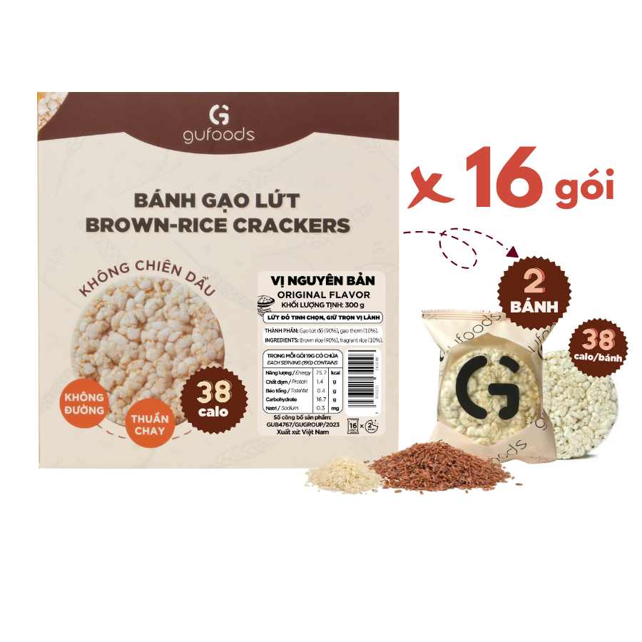 Bánh gạo lứt GUfoods vị Nguyên bản - Không chiên dầu, Không đường, Lành mạnh, Phù hợp Eat clean, Ăn vặt healthy, Thực dưỡng, Tập gym, Thuần chay